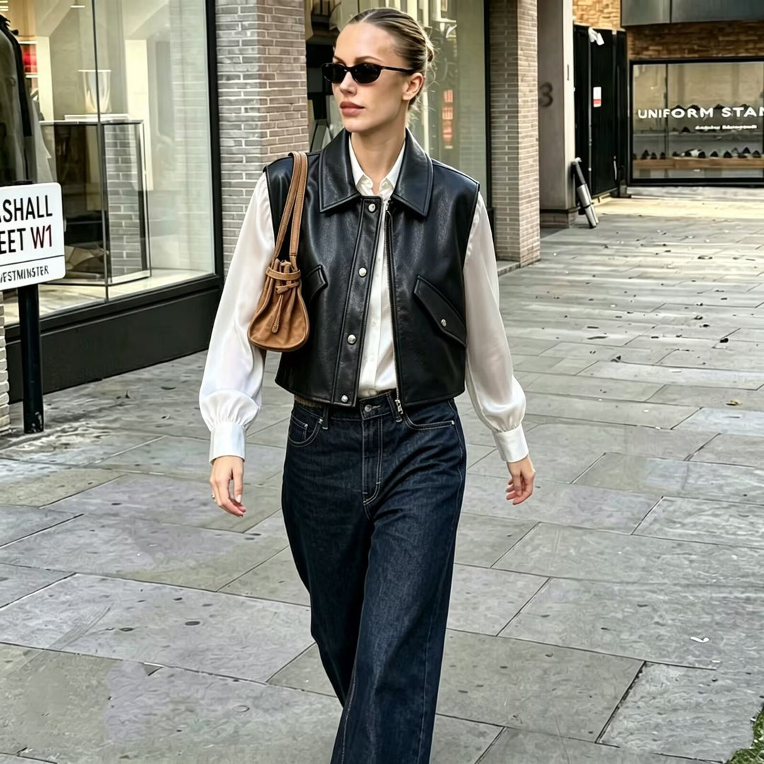 Women's Cropped Utility Vest in Leather Look with Collar, Ring Zipper, and Attached Flap Pockets Mune Fashion