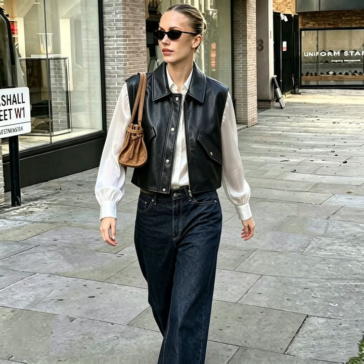 Women's Cropped Utility Vest in Leather Look with Collar, Ring Zipper, and Attached Flap Pockets Mune Fashion