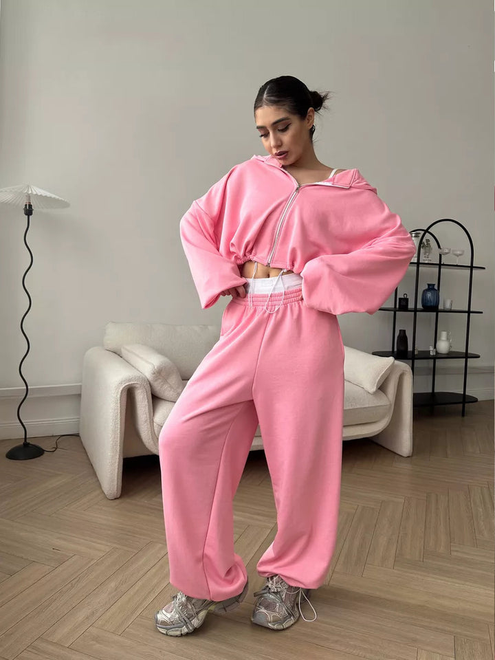 Women nan cropped zipper hoodie with drawstring hem and wide sweatpants cut Mune Fashion