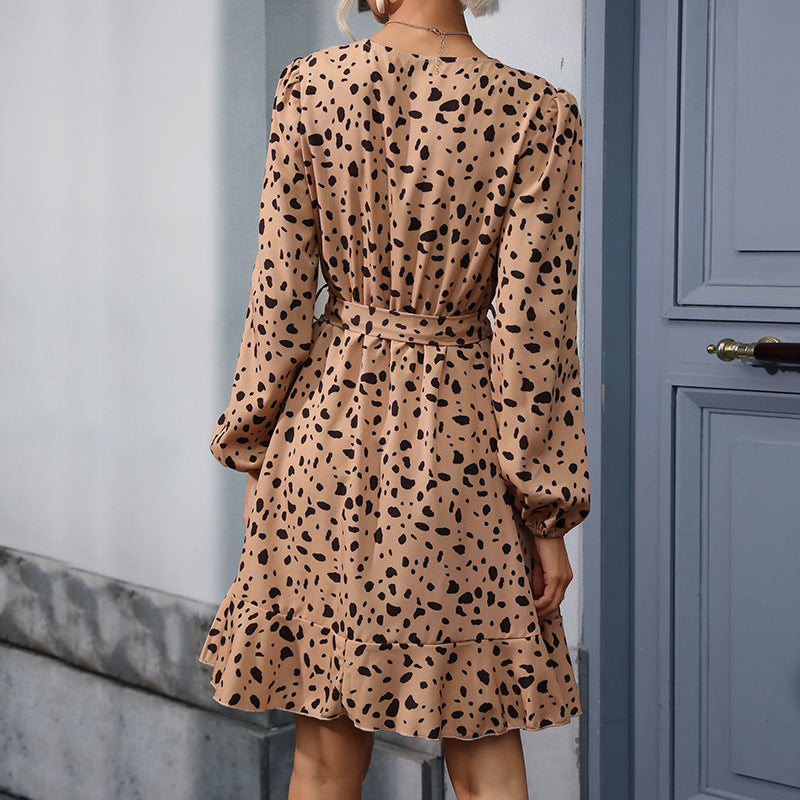 Women Chiffon Wrap Dress with Animal Print, V-Neck and Ruffle Skirt Mune Fashion
