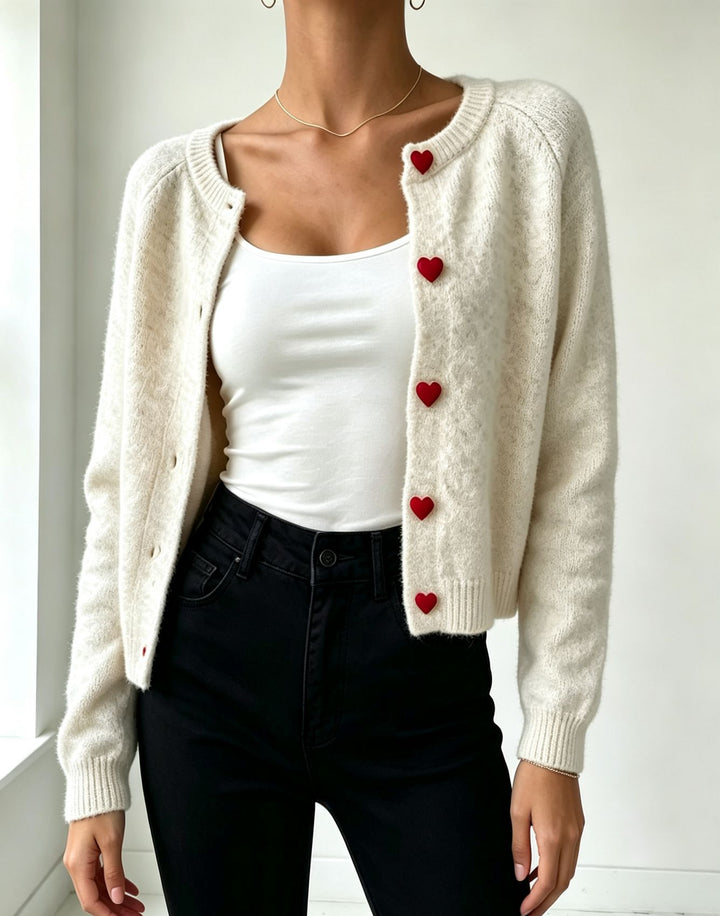 Women's knit cardigan with heart-shaped decorative buttons and soft mohair look Mune Fashion