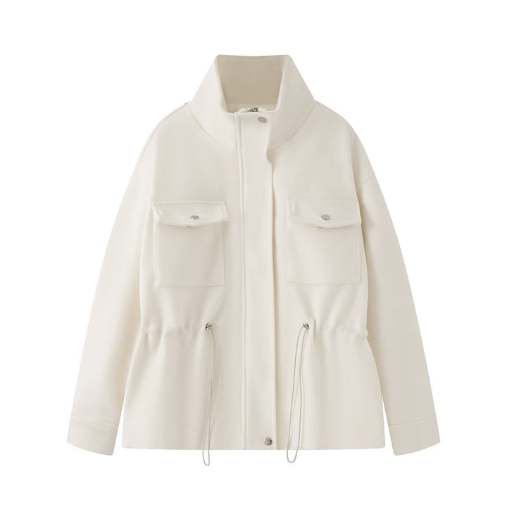 Women's wool blend field jacket with stand-up collar, patch breast pockets, and drawstring waist Mune Fashion