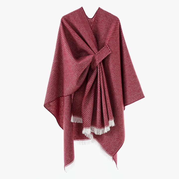 Women's Reversible Wool Mix Poncho with Houndstooth Jacquard and Ties Belt Mune Fashion