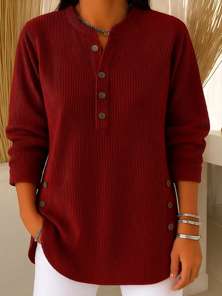 Women's plisse tunic blouse with stand-up collar, button placket and side decorative buttons Mune Fashion