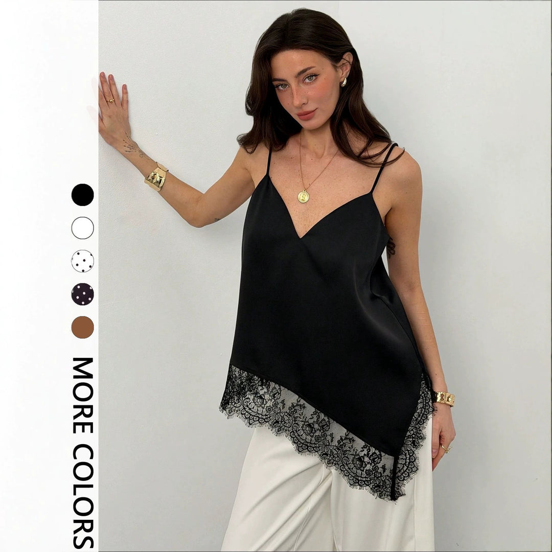 Women nan silky shiny spaghetti strap cami with asymmetric lace edge Mune Fashion