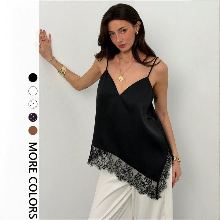 Women nan silky shiny spaghetti strap cami with asymmetric lace edge Mune Fashion