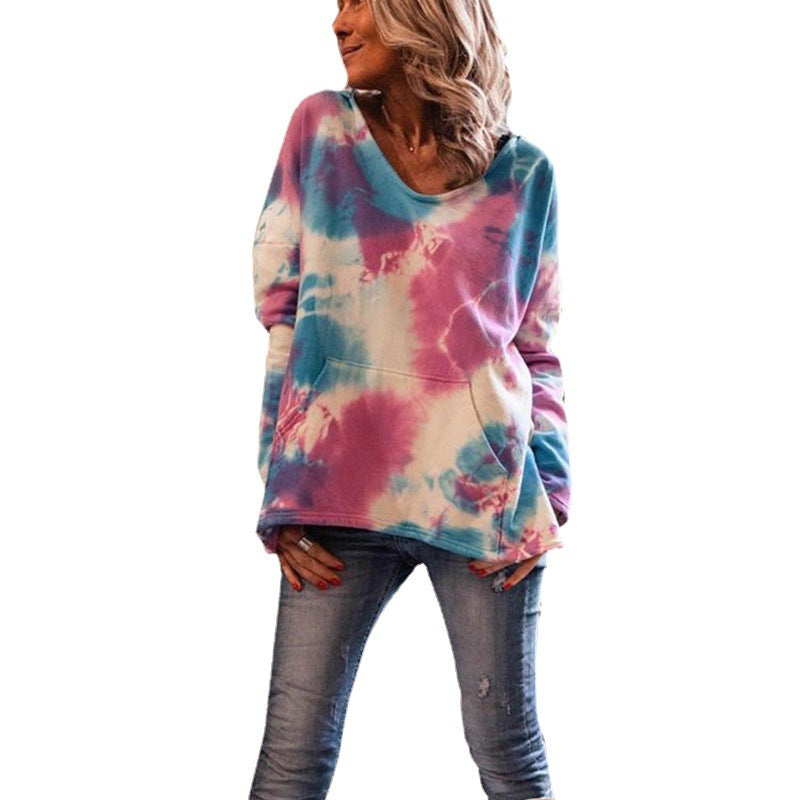 Women Oversize Batik Sweater with V-Neck and Kangaroo Pocket Mune Fashion