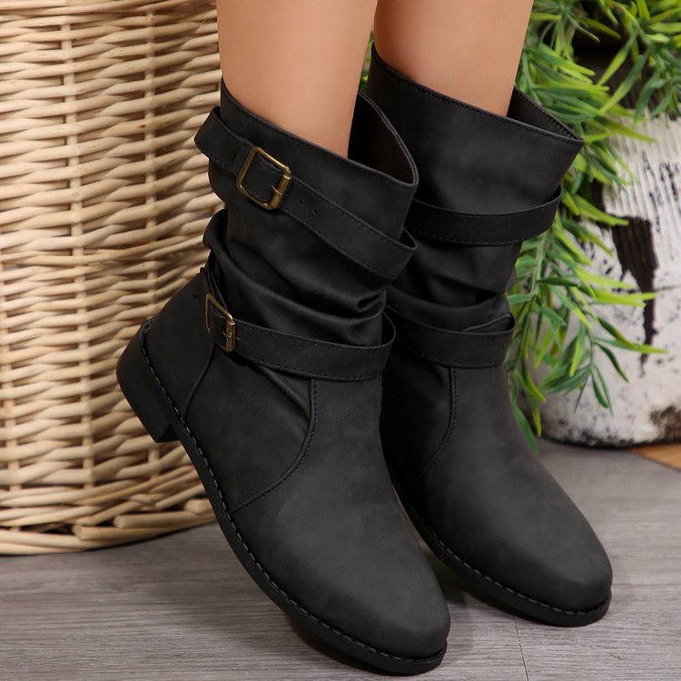 Women’s casual slouch ankle boots with two decorative straps and decorative metal buckles Mune Fashion
