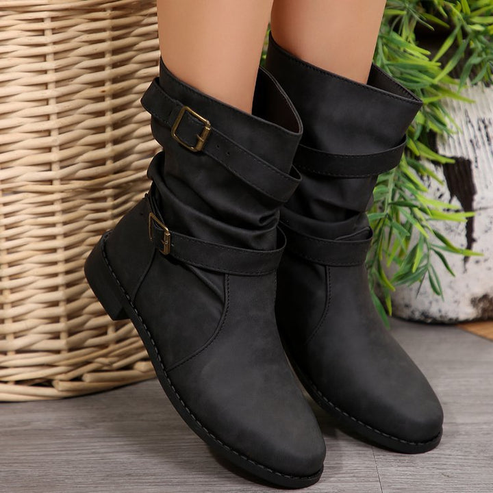 Women’s casual slouch ankle boots with two decorative straps and decorative metal buckles Mune Fashion