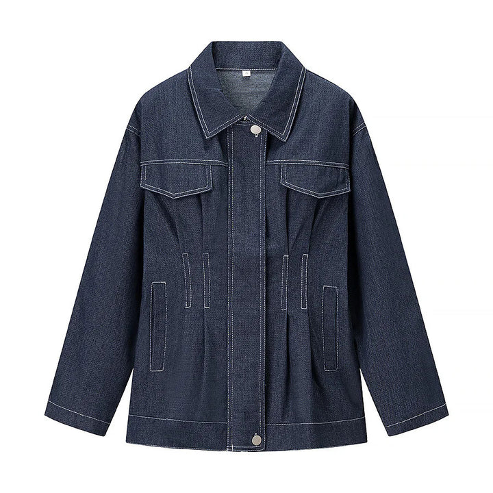 Ladies nan utility denim jacket with tailored darts, concealed snap placket and applied chest flaps Mune Fashion