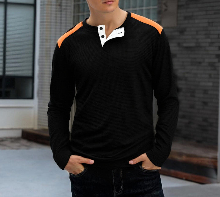 Men's structured Henley long-sleeve shirt with stand-up collar, shoulder piping, and waffle structure Mune Fashion