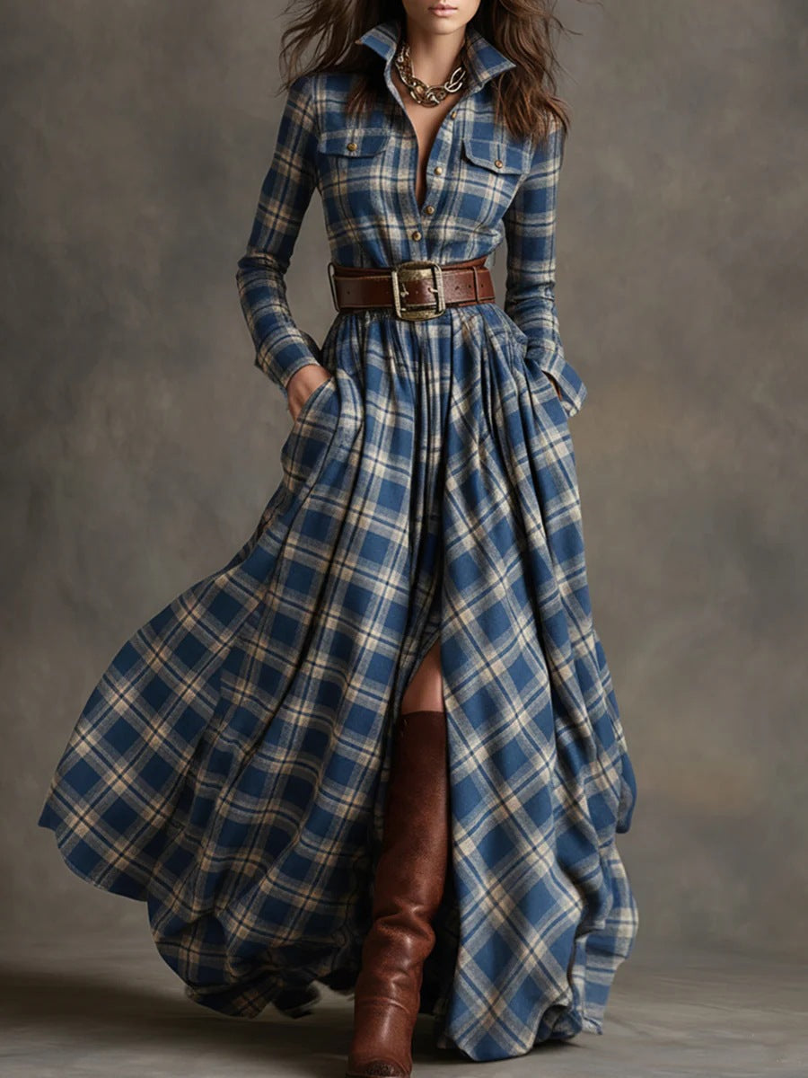 Women checked maxi dress shirt dress with flared skirt and wide waistband Mune Fashion