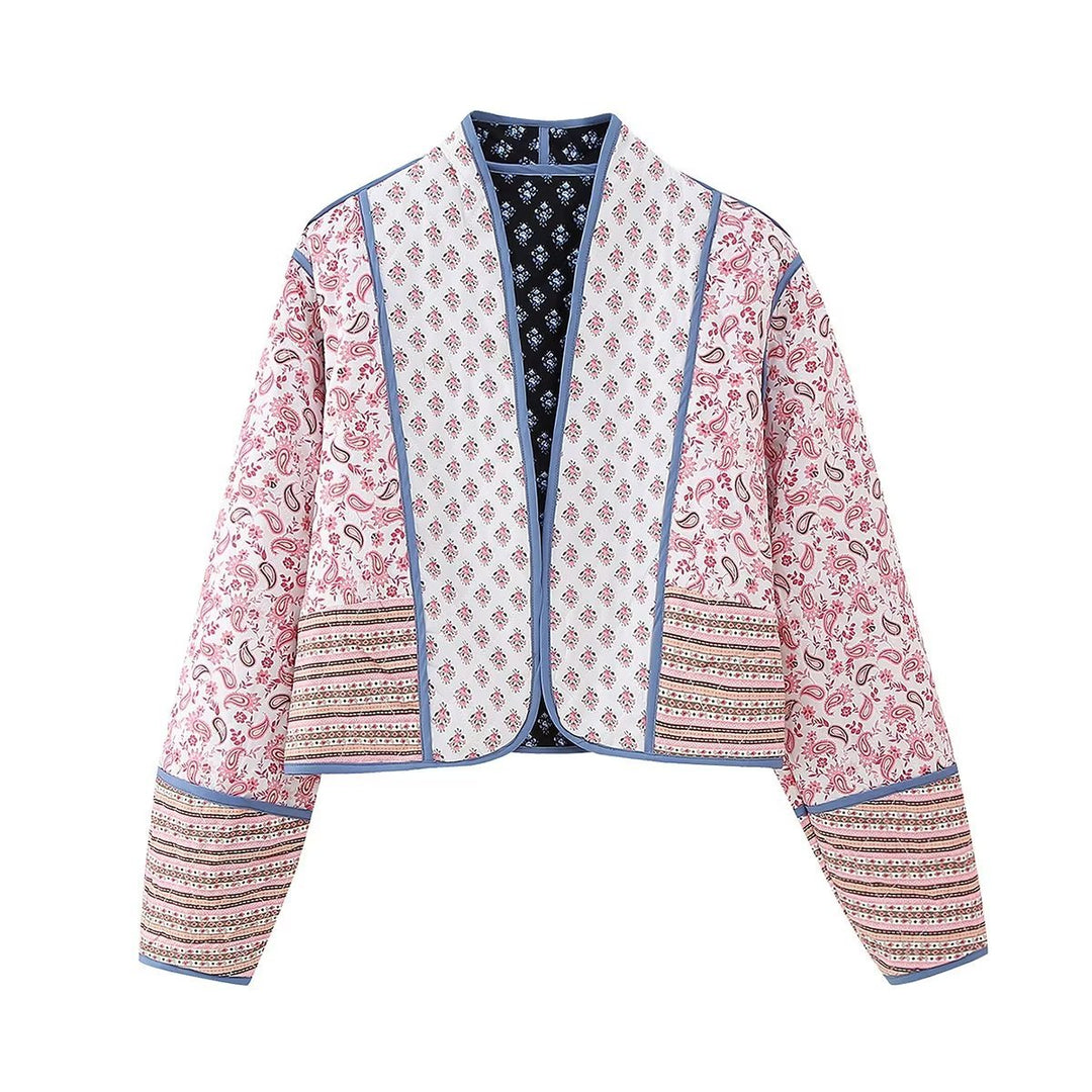 Women's Short Quilted Patchwork Jacket with Paisley and Floral Prints, Open Kimono Cut and Contrast Piping Mune Fashion