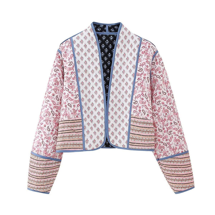 Women's Short Quilted Patchwork Jacket with Paisley and Floral Prints, Open Kimono Cut and Contrast Piping Mune Fashion
