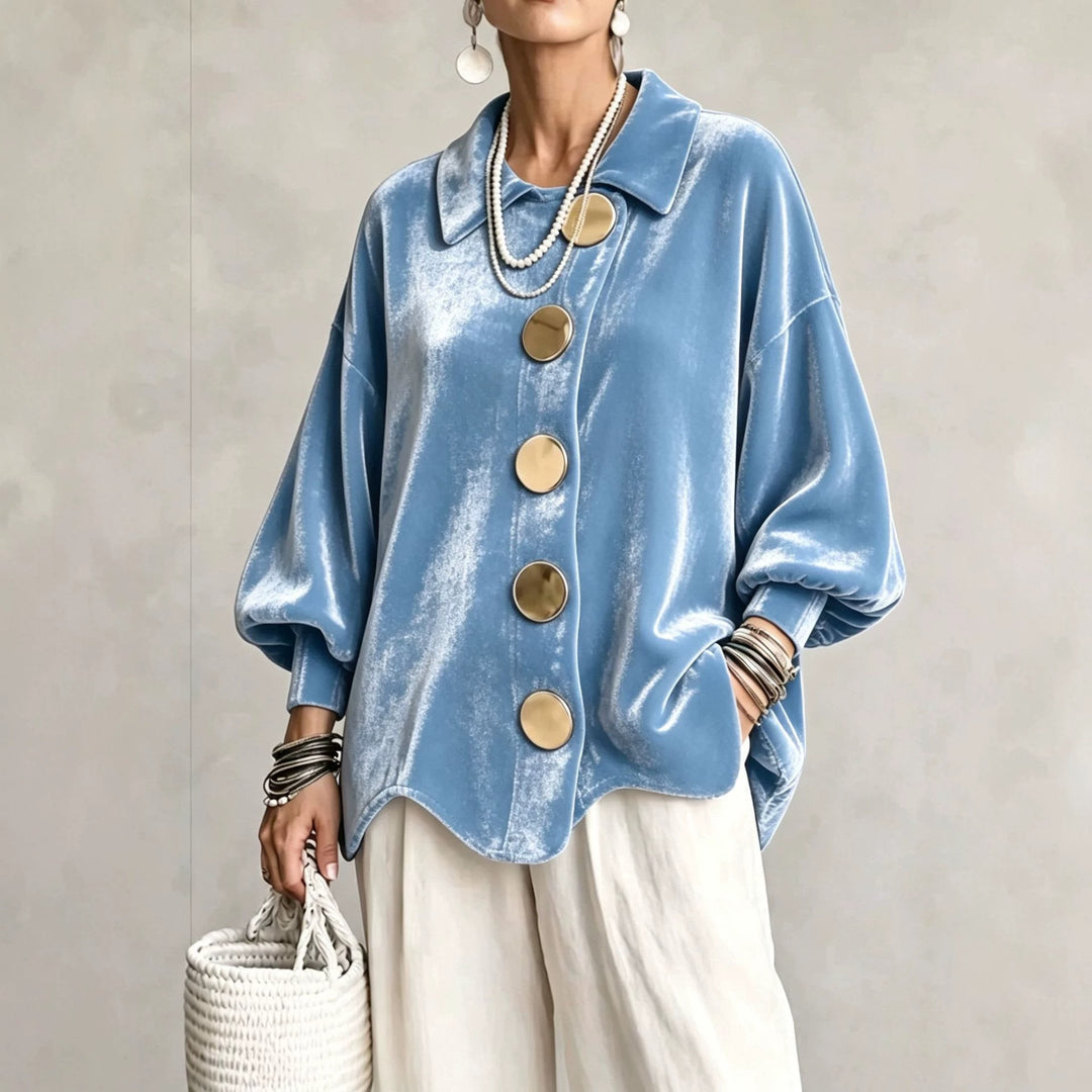 Women's Oversized Velvet Jacket with Large Decorative Buttons and Balloon Sleeves Mune Fashion
