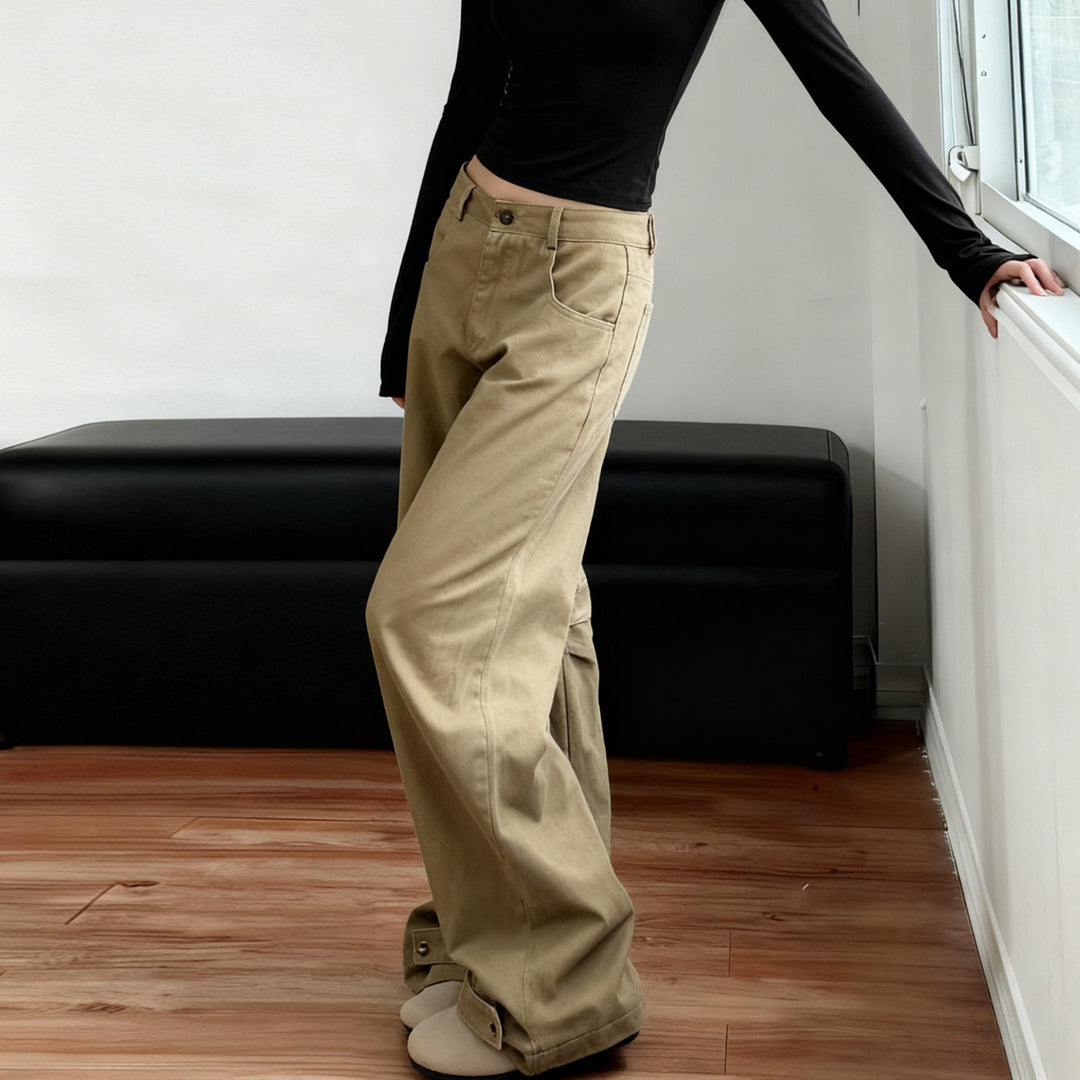 Women's Wide High-Waist Flared Pants with Adjustable Button Cuffs and Knee Darts Mune Fashion