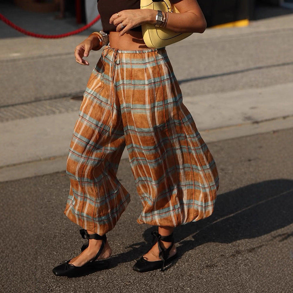 Women wide plaid harem pants with elastic waistband, drawstring & gathered ankle cuffs Mune Fashion