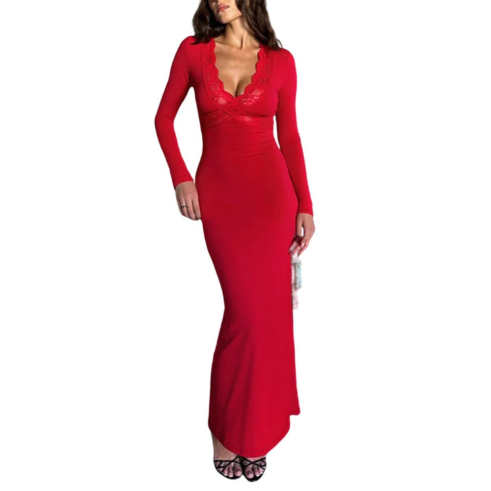 Women's figure-hugging maxi dress with lace bustier, deep V-neck, and tailored empire seam.
