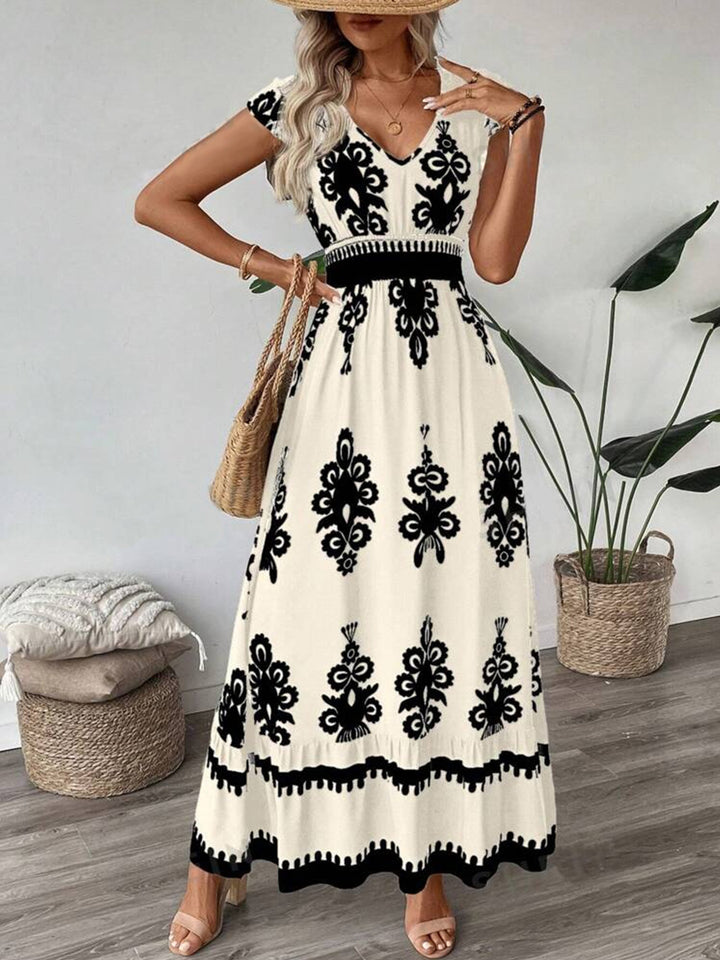 Women’s Boho Long Dress with V-neck, fitted stretch waistband and contrasting ornament print Mune Fashion