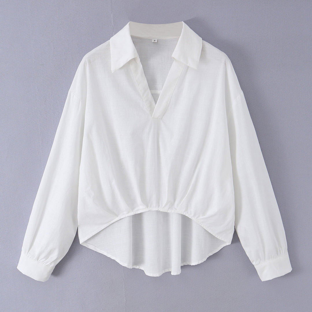 Women's loose cotton blouse with V-neck, shirt collar, and ruffled pointed hem Mune Fashion