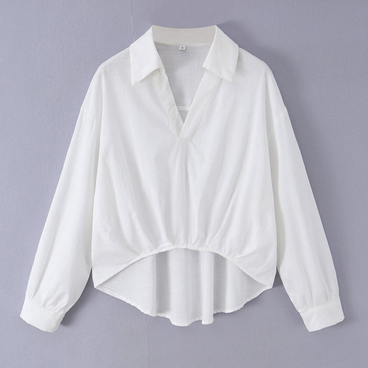 Women's loose cotton blouse with V-neck, shirt collar, and ruffled pointed hem Mune Fashion