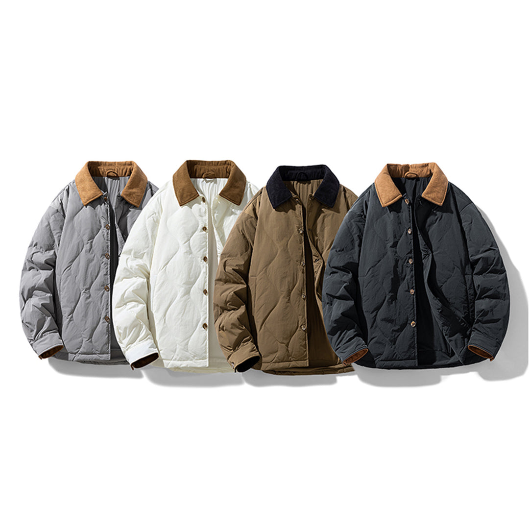 Men's Quilted Padded Jacket with Corduroy Collar and Button Placket Drune