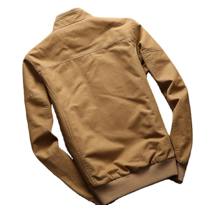 Men's robust canvas field jacket in bomber style with shoulder patches, concealed snap-button zip front and ergonomic seams.