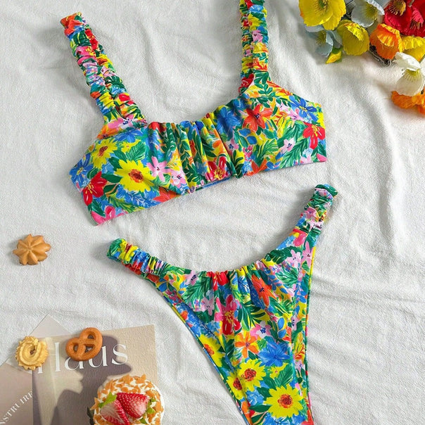 Women's Ultra-thin Floral Bikini with Elastic Ruffles Mune Fashion