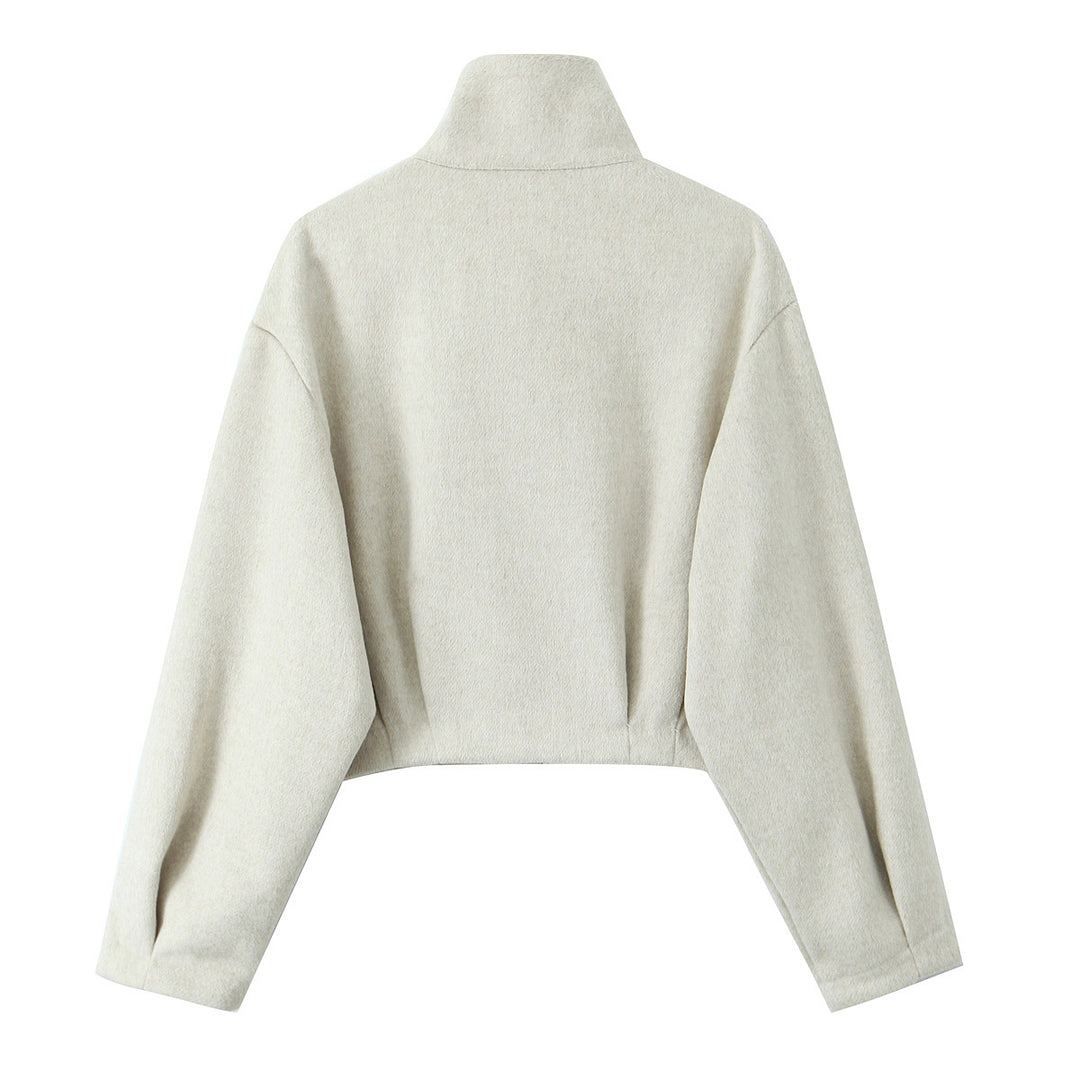 Women Boxy Fleece Jacket with Stand-up Collar and Concealed Zipper Mune Fashion