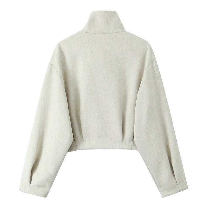 Women Boxy Fleece Jacket with Stand-up Collar and Concealed Zipper Mune Fashion