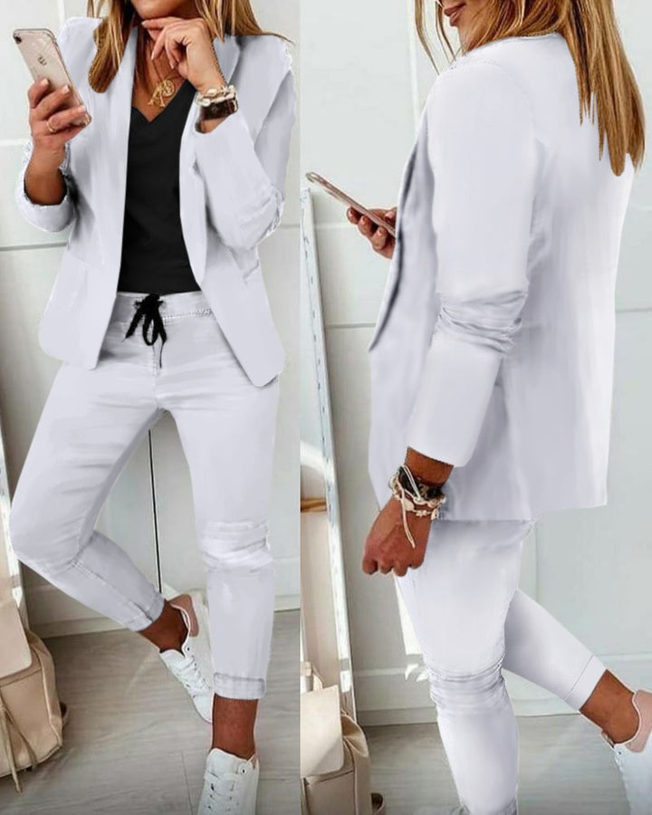 Women's Smart-Casual Blazer Set with open long blazer and tapered jog pants with drawstring Mune Fashion
