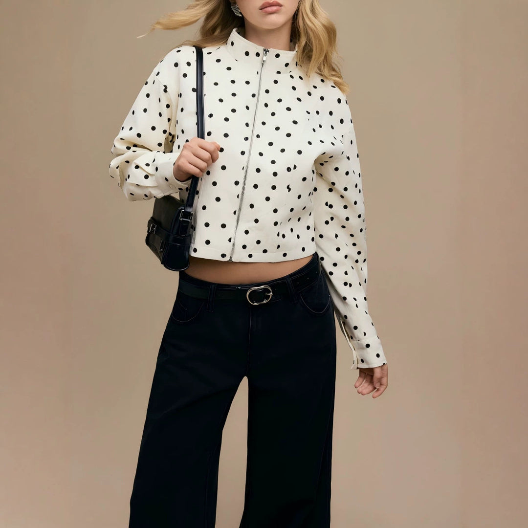 Women's Polka Dot Short Jacket with Stand Collar and Zipper Drune
