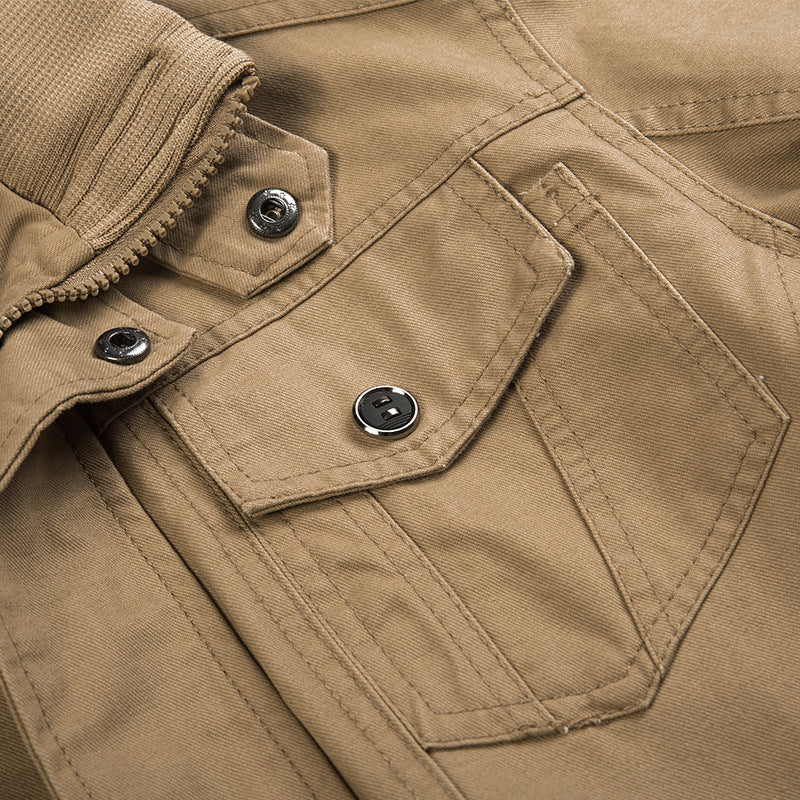 Men's lightweight cotton canvas flight jacket with shoulder epaulettes, concealed zipper, and multifunctional pockets.