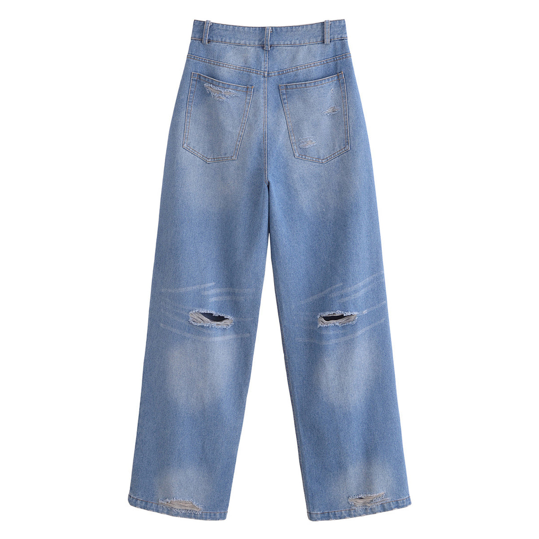 Women's High-Waist Jeans Pants with Wide Leg, Straight Hem and Subtle Used Look Mune Fashion