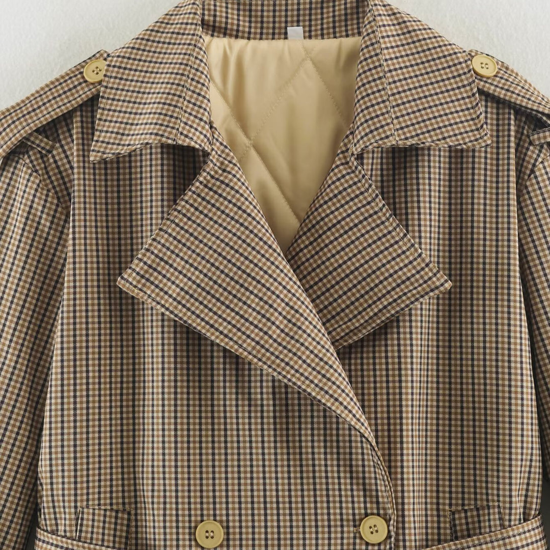 Women's short trench coat in checkered pattern with waist belt, shoulder straps and quilted inner lining Mune Fashion
