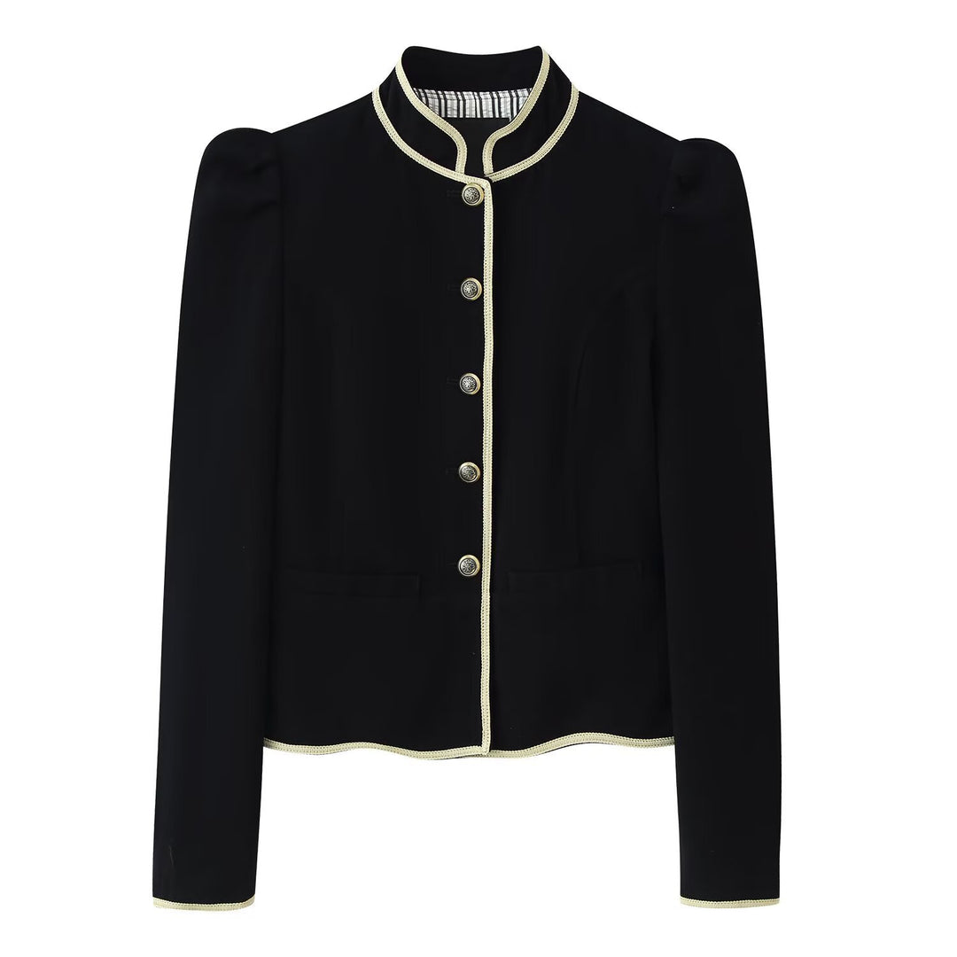 Women's Short Blazer with Stand Collar, Golden Cord Trim and Decorative Buttons Mune Fashion