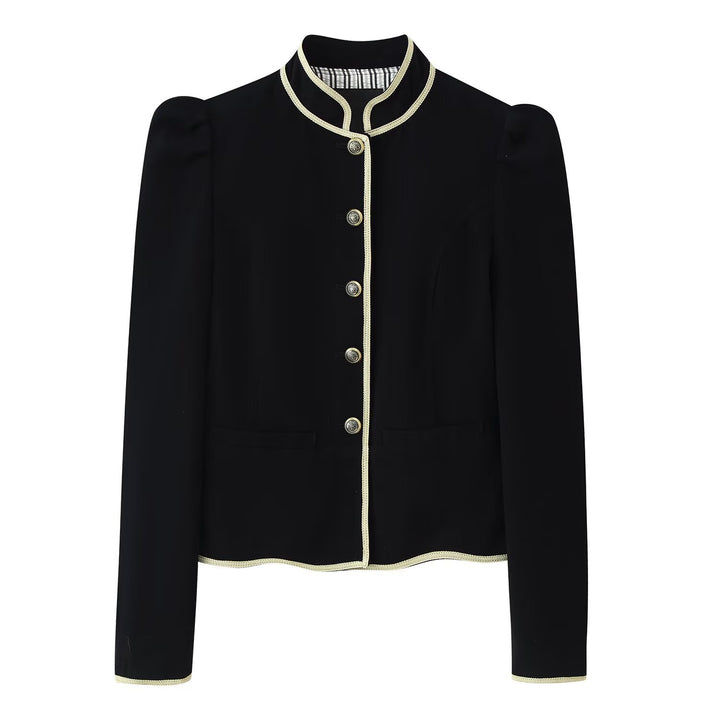 Women's Short Blazer with Stand Collar, Golden Cord Trim and Decorative Buttons Mune Fashion