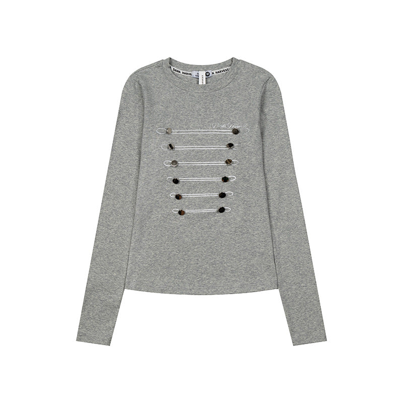 Women's Long Sleeve Shirt with Decorative Cord and Button Application Mune Fashion