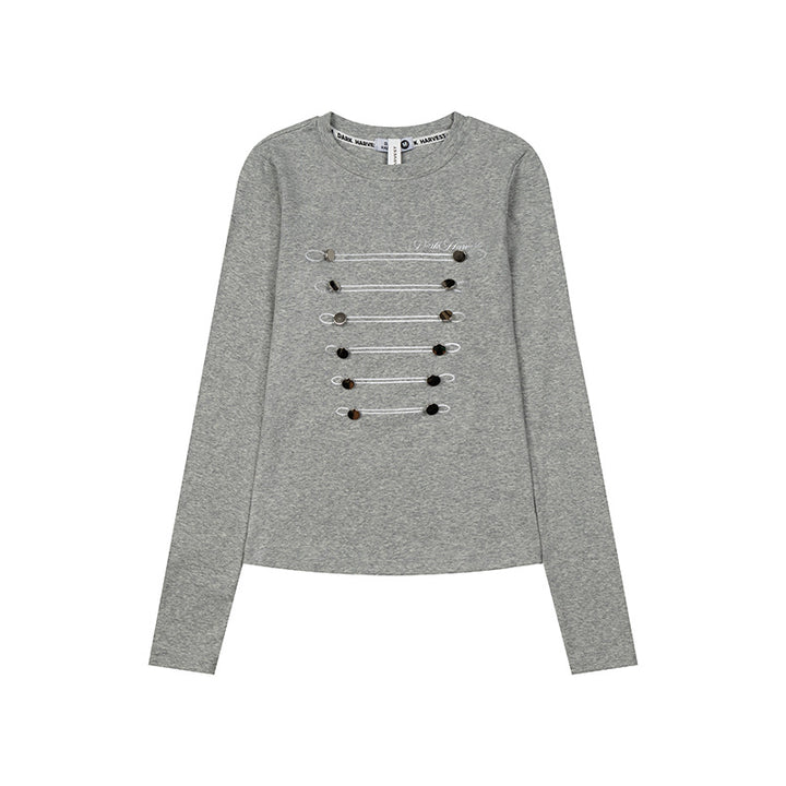 Women's Long Sleeve Shirt with Decorative Cord and Button Application Mune Fashion