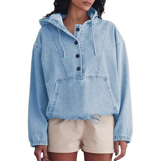 Women's denim hoodie with half button placket, kangaroo pocket, and drawstring hem Mune Fashion