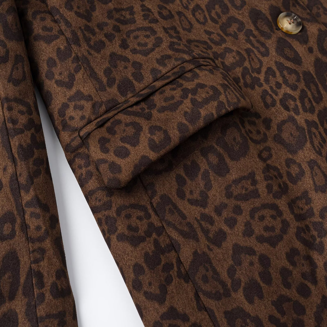 Women's Oversize Blazer with Leopard Print, Notched Lapel and Flap Pockets Mune Fashion