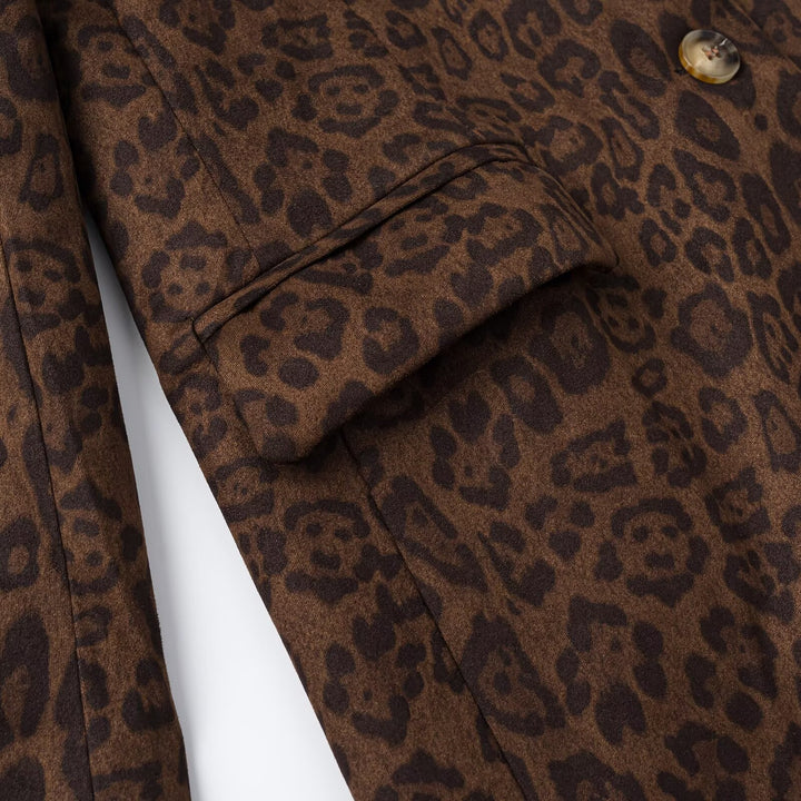 Women's Oversize Blazer with Leopard Print, Notched Lapel and Flap Pockets Mune Fashion