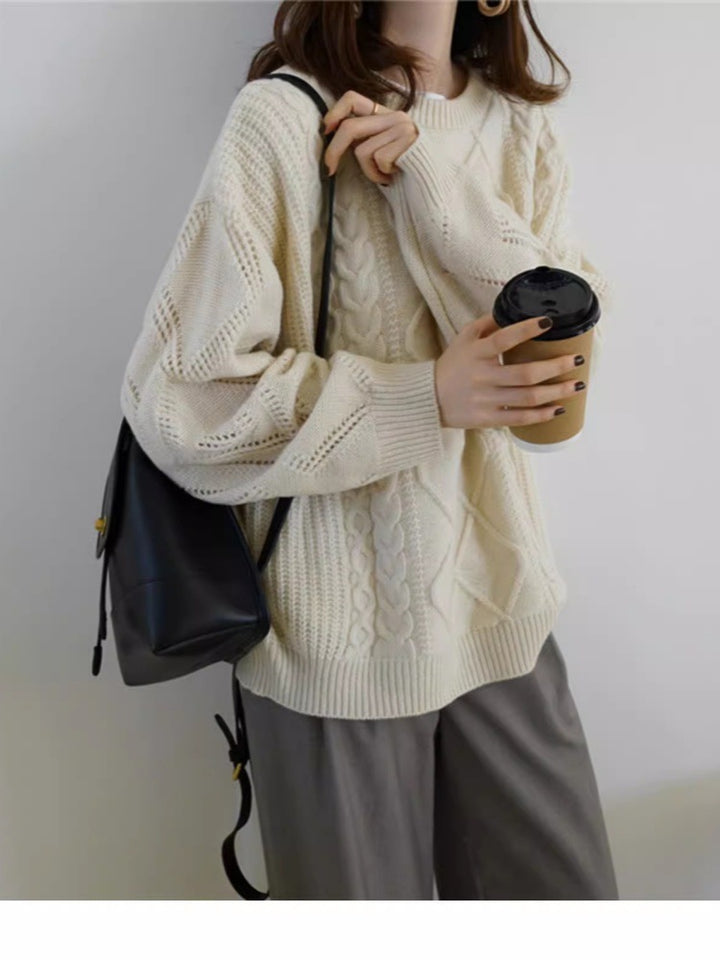 Women’s Oversized Cable Knit Sweater with Openwork Details and Ribbed Hem Mune Fashion