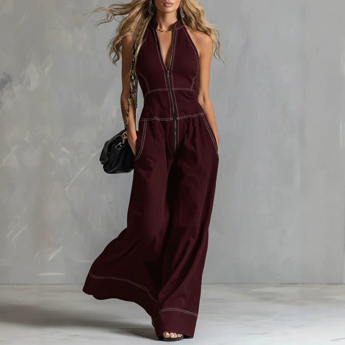 Women's Sleeveless Halter Jumpsuit with Zipper, Wide Leg and Side Pockets Mune Fashion