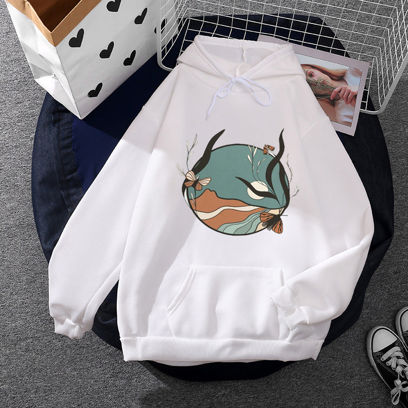 Women's casual hoodie with artistic moon and mushroom design, soft fleece lining, and kangaroo pocket Mune Fashion