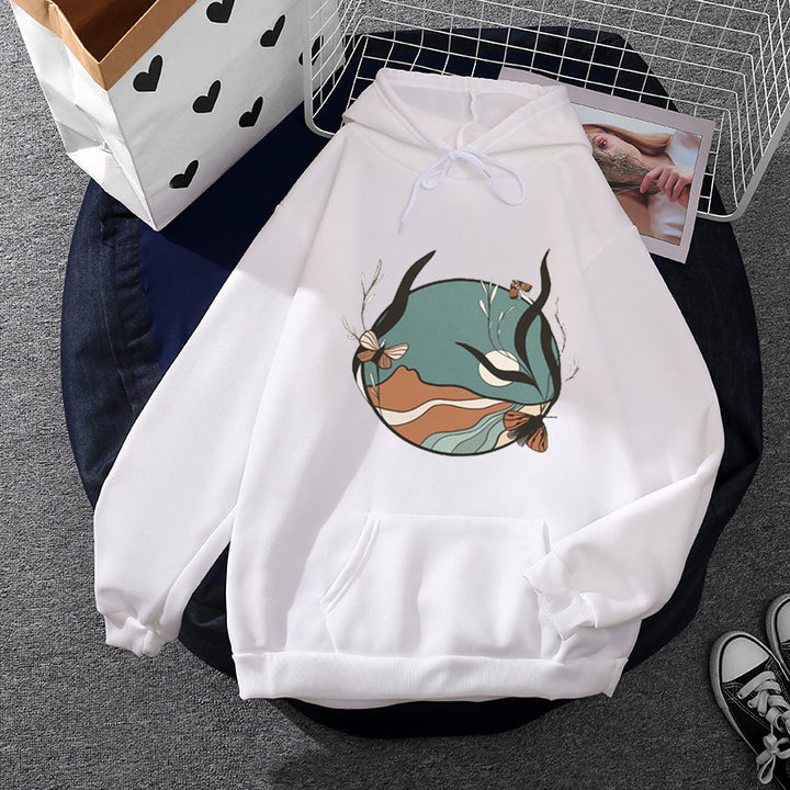 Women's casual hoodie with artistic moon and mushroom design, soft fleece lining, and kangaroo pocket Mune Fashion