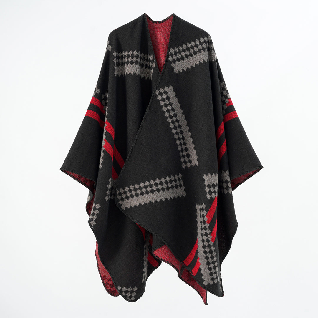 Women's Oversized Poncho Cape made of Wool Blend with Geometric Jacquard and Decorative Stitching Mune Fashion
