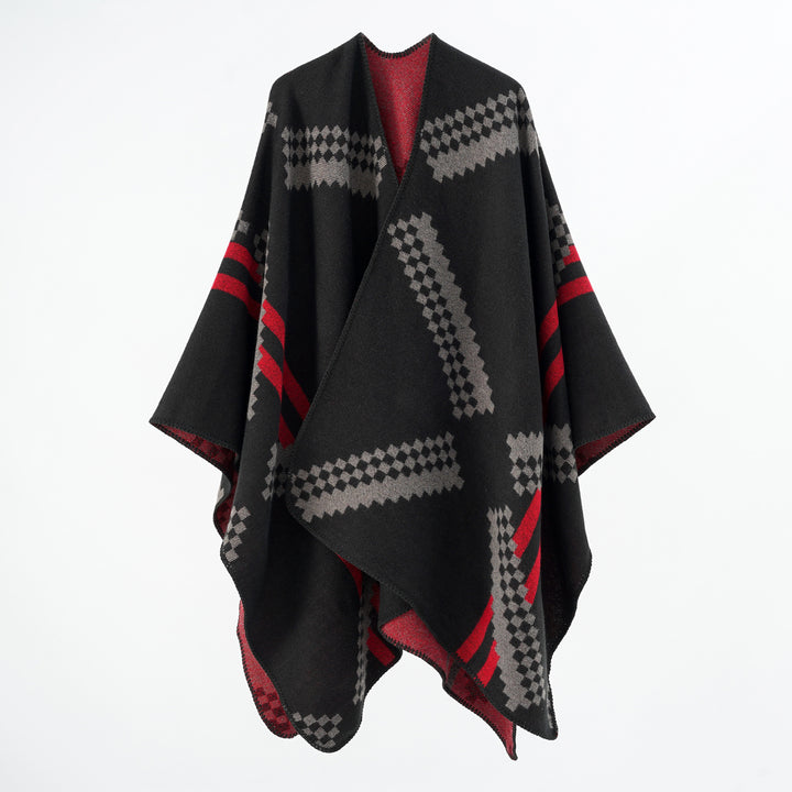 Women's Oversized Poncho Cape made of Wool Blend with Geometric Jacquard and Decorative Stitching Mune Fashion