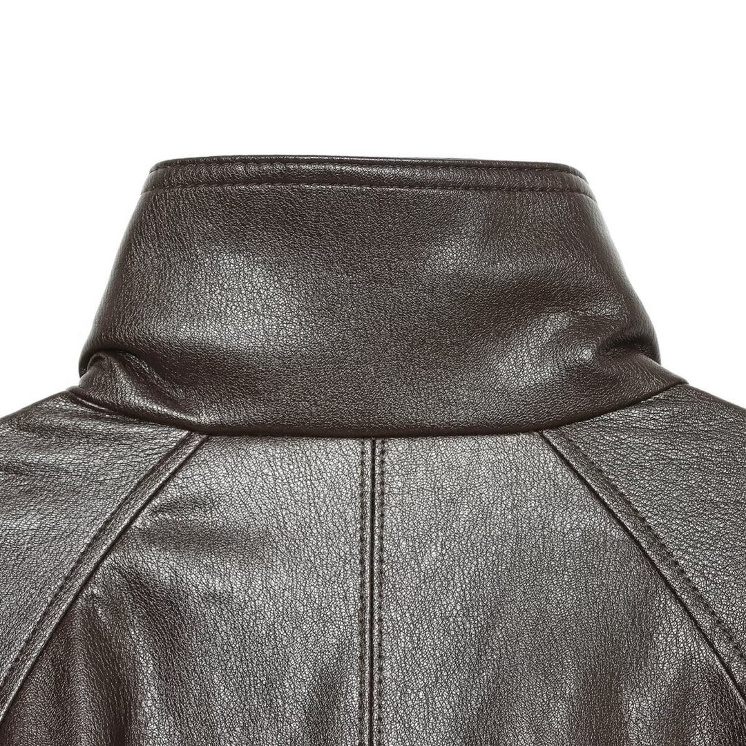 Women's short-cut leather look blouson jacket with high funnel collar, shoulder tabs and integrated patch pockets Mune Fashion