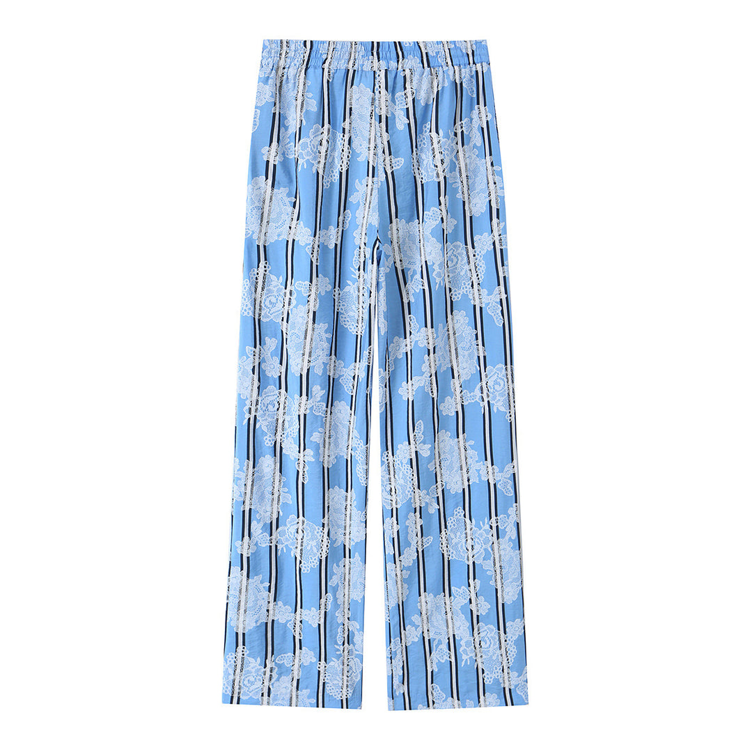 Women's wide palazzo pants with elastic drawstring waistband and floral lace look Mune Fashion